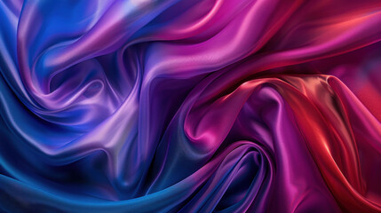 Fototapeta premium Vibrant colors of blue, purple, red, and magenta create an abstract background with cascading folds. The silky fabric gleams with a neon glow, forming stripes and a wide banner.