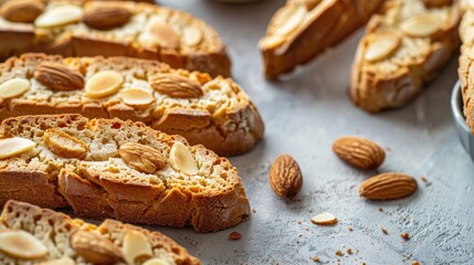 Italian almond biscotti cookies displayed on a table in a horizontal arrangement