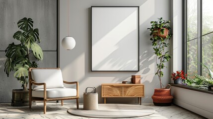 Poster frame mock-up in home interior background with commode, chair and decor in living room