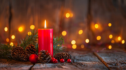 Christmas and New Year background First Advent Sunday Red candle and Christmas Ornaments
