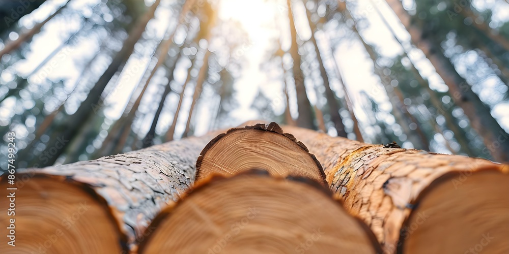 Poster stacked pine and spruce logs in a forest logging operation. concept logging operations, forest manag