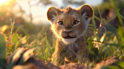 Fototapeta premium Cute lion sitting isolated on white background. 