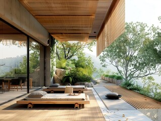 Fototapeta premium modern zen terrace with teak furniture and sunbath blinds overlooking forest architecture photography