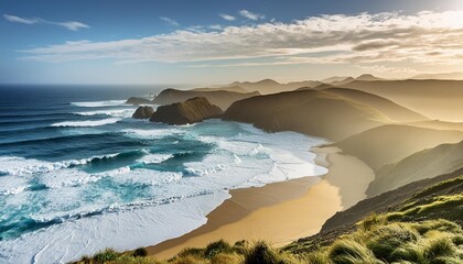 Rugged coastlines battered by crashing waves.