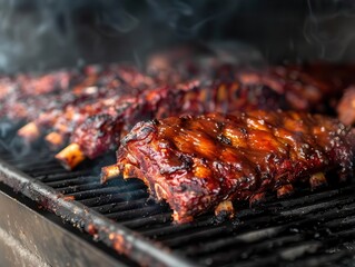 mouthwatering bbq perfection closeup of juicy smoky ribs in a professional smoker showcasing rich textures and tempting flavors food photography
