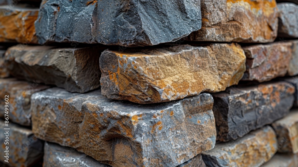 Poster close-up of stacked bricks in a minimalistic arrangement, emphasizing the earthy tones and rugged su