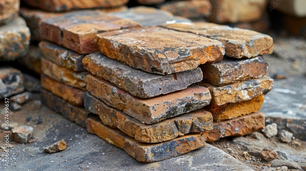 Poster close-up of stacked bricks in a minimalistic arrangement, emphasizing the earthy tones and rugged su