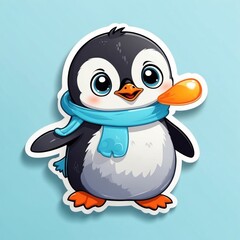 Obraz premium Sticker of a cute baby penguin wearing blue scarf. 3D style, isolated on a simple background. 