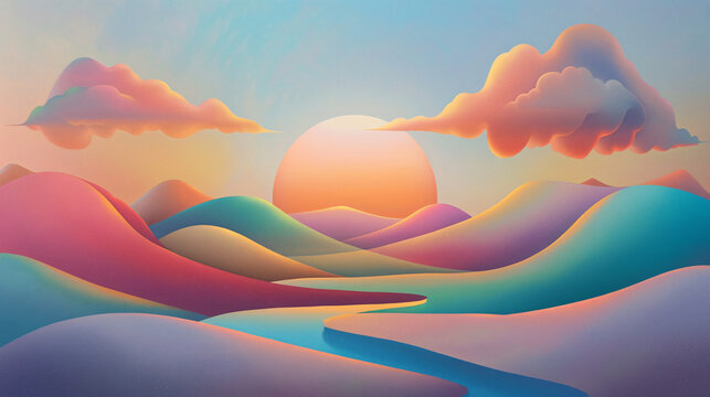A Memphis dreamscape with a geometric sun: A soft pastel sky with fluffy clouds. Below, rolling hills and a winding river are bathed in the light of a large, geometric sun rendered in bold neon