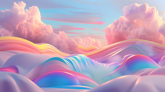 A Memphis dreamscape with a neon waterfall: A soft pastel sky with fluffy clouds. Below, rolling hills lead to a dramatic waterfall. The cascading water is rendered in vibrant neon colors,