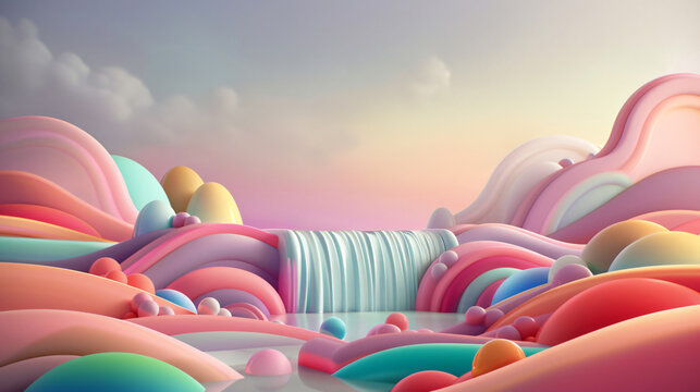 A Memphis dreamscape with a neon waterfall: A soft pastel sky with fluffy clouds. Below, rolling hills lead to a dramatic waterfall. The cascading water is rendered in vibrant neon colors,
