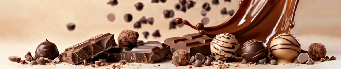Dynamic image of various chocolates including bars, truffles, and splashes, showcasing the rich and indulgent nature of chocolate in motion.