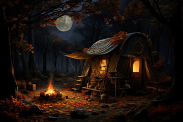 Obraz premium Campfire under the moonlight. Campfire illuminated by the moon's glow. Serene campfire bathed in the soft moonlight
