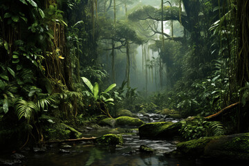 Serene Stream Flowing Through Lush Green Forest. Landscape of little river flowing through lush rainforest. Tranquil creek flows through lush green woodland in serene nature scene.
