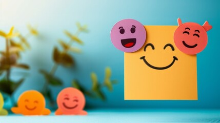 Obraz premium Paper note with emoticon face ideas. World Emoji Day Background Concept 