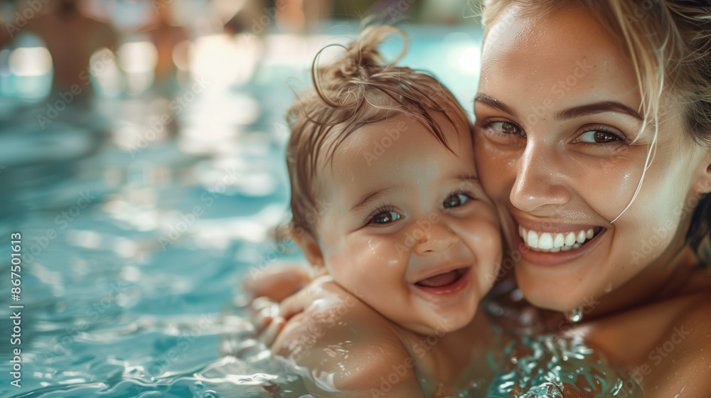 Wall mural portrait of mother and baby in the pool