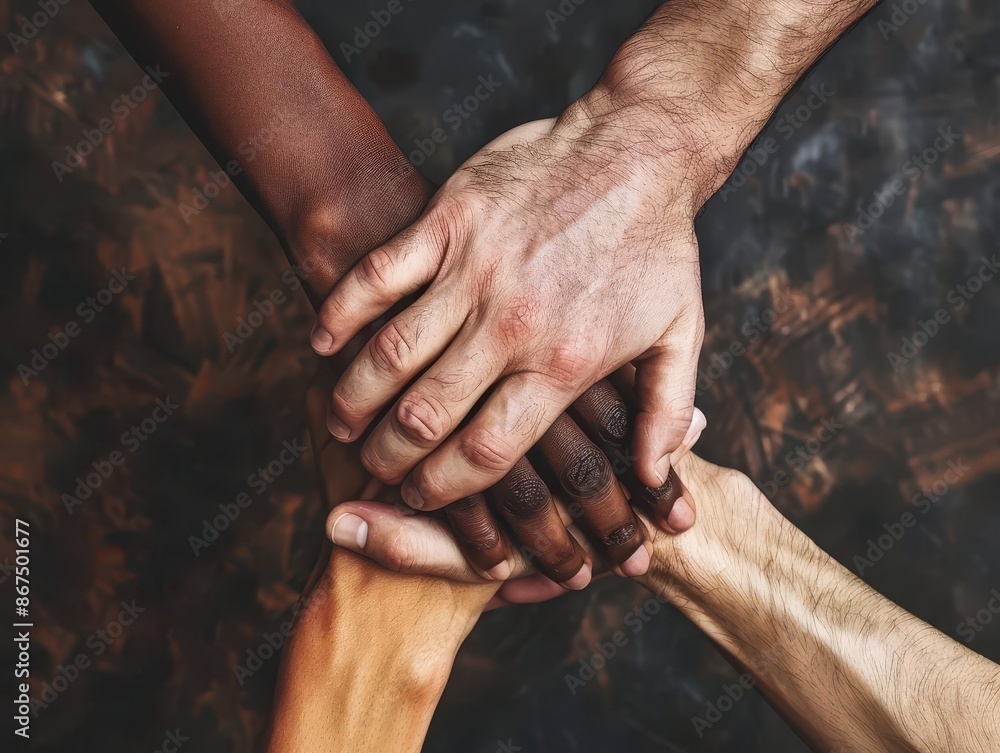 Poster powerful image of diverse hands joined in unity varied skin tones and textures emphasize global coop