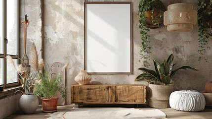 Poster frame mock-up in home interior background with commode, chair and decor in living room
