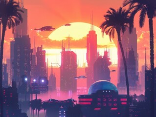 retrofuturistic cityscape at sunrise featuring neonlit art deco skyscrapers and hovering vehicles against a gradient sky with silhouetted palm trees in the foreground