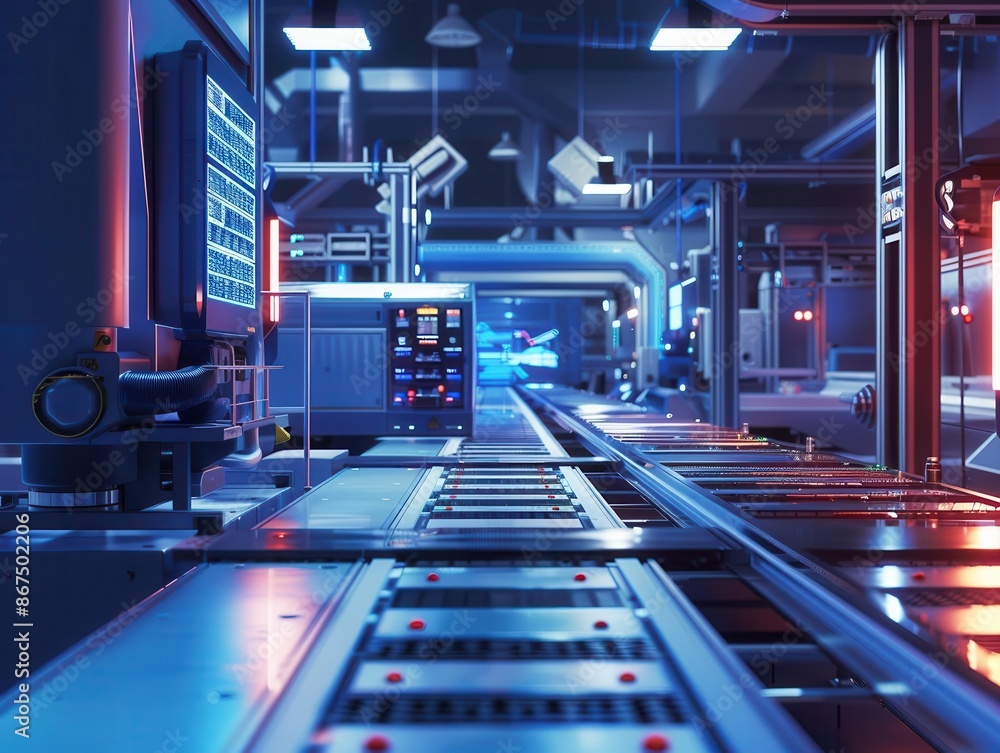 Aufkleber robotic assembly line overseen by a technician using a holographic tablet interface futuristic facto