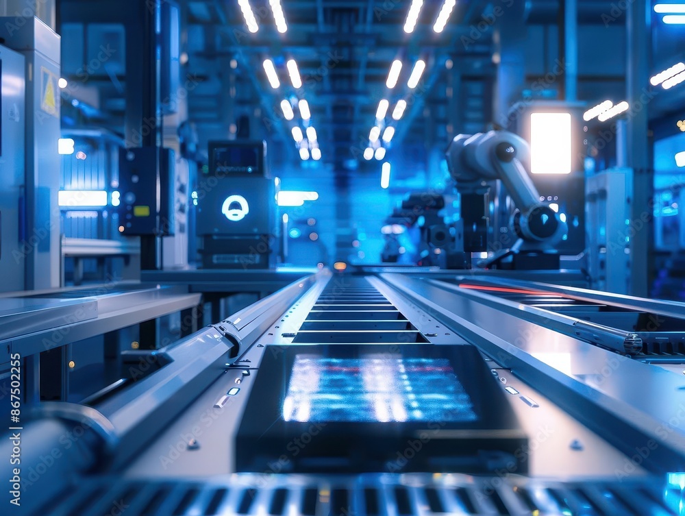 Aufkleber robotic assembly line overseen by a technician using a holographic tablet interface futuristic facto