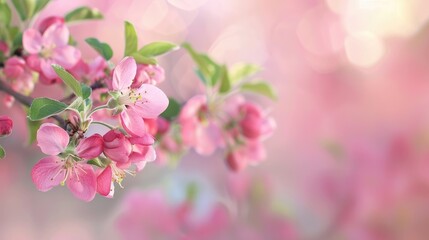 Obraz premium Pink apple blossom branch with blurred background and copy space