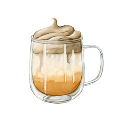 Pumpkin Spice Dalgona Coffee in double-layer glasses cup. Autumn warm beverage. Watercolor food illustration isolated