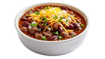  A classic bowl of beef chili garnished with scallions and shredded cheese, isolated on a transparent background 