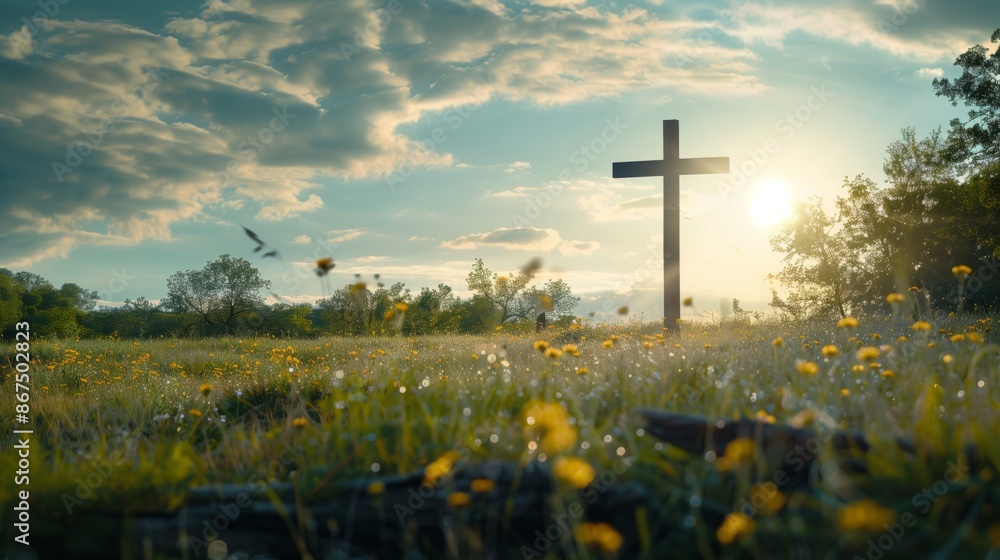 Wall mural cross in a meadow with copy space