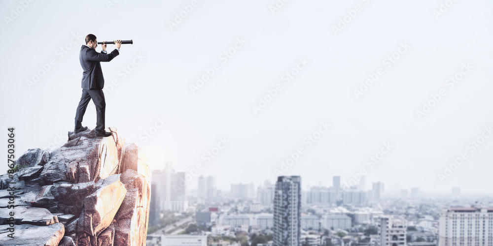 Poster Man in a suit on a cliff using a telescope over a city, concept of vision. Generative AI