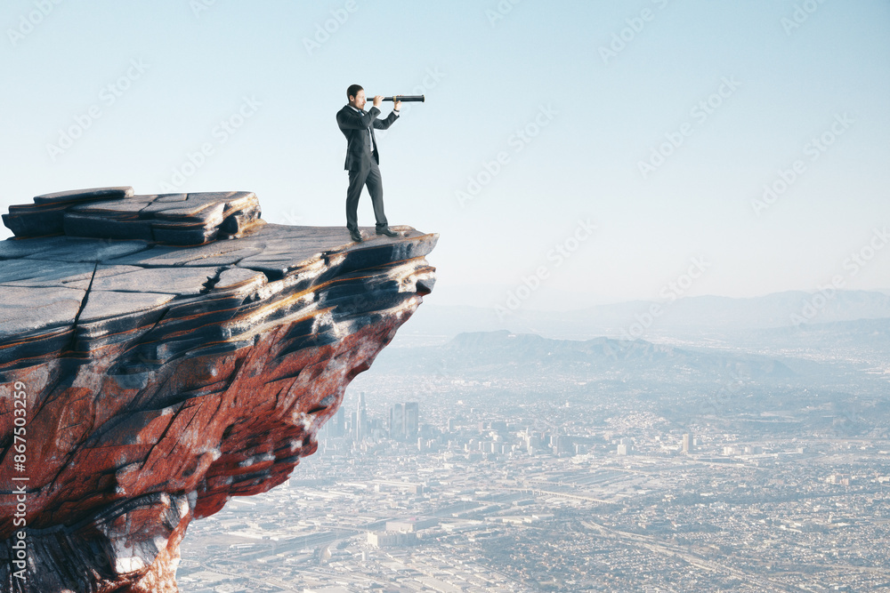 Poster a man with a telescope stands on a cliff edge, overlooking a cityscape, expressing the concept of vi