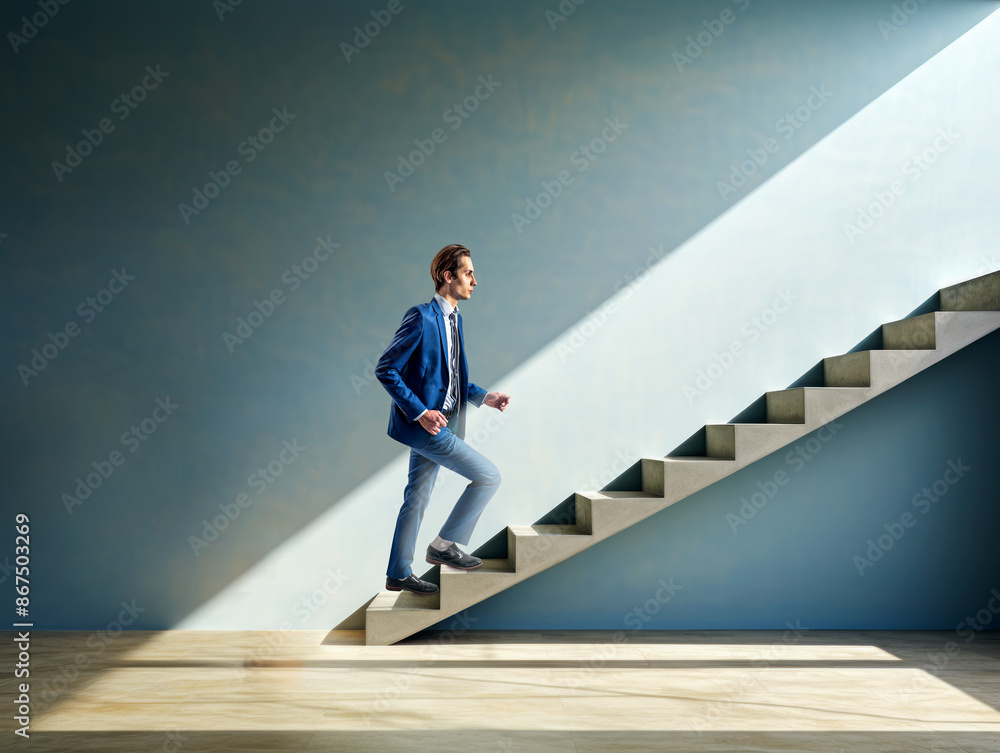 Poster a man ascending abstract stairs in a room, contrast of light and shadow, concept of progress and amb