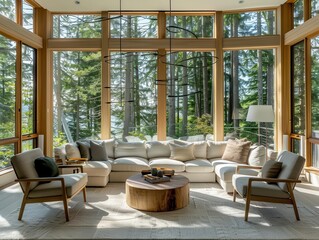 Fototapeta premium scandinavianinspired living room with large bay window overlooking lush forest neutral tones natural textures and sleek furniture create an inviting airy space