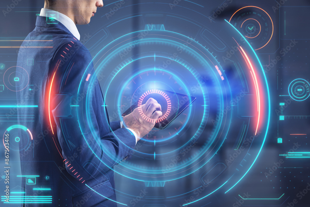Poster A man in a suit interacting with futuristic holographic interfaces, on a digitally enhanced background, illustrating the concept of advanced technology. Generative AI