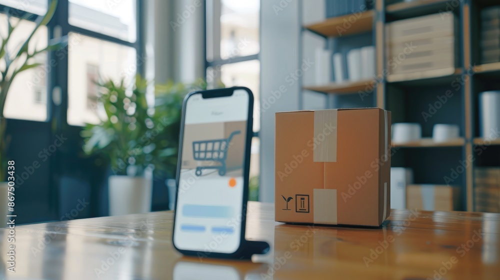 Poster close-up of smartphone screen showing online shopping cart and delivery status with a parcel box nea