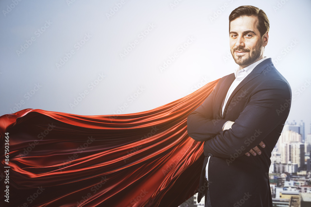 Poster a man in a suit with a flowing red cape against a cityscape, symbolizing power and leadership. gener