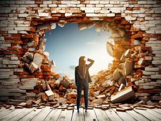 A woman looking at a broken brick wall opening with clouds in the background, concept of breakthrough or new opportunity. Generative AI