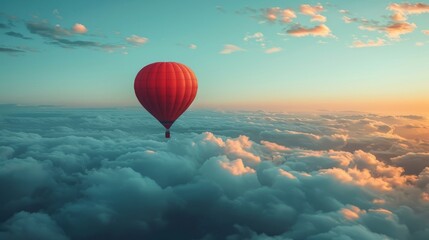 A red hot air balloon is floating in the sky above a cloudy blue sky
