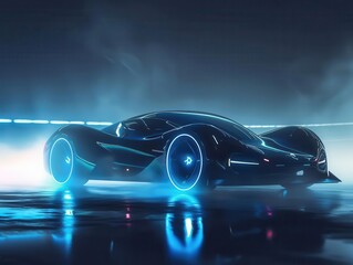 Obraz premium sleek electric sports car on midnight black runway neon blue accents dramatic fog swirls around wheels futuristic spotlights create dynamic shadows and highlights