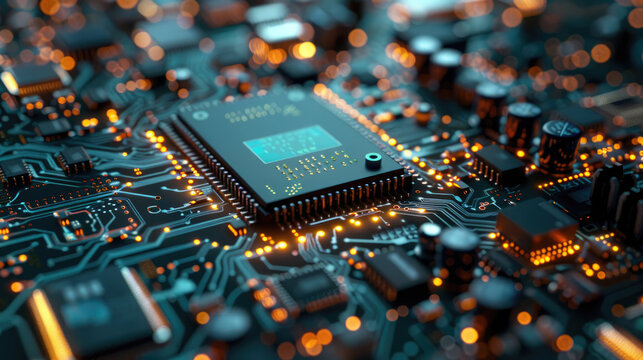 The engineers gloved hand is holding the cpu chip against the background of the motherboard