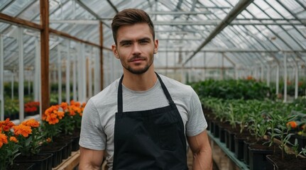 Obraz premium Portrait of handsome gardener in black apron and working