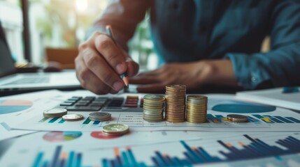 Fototapeta premium Investors are calculating profits and costs, return on stocks and mutual funds