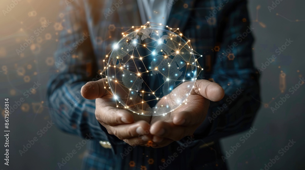 Poster concept of global network and data exchanges: businessman holding a digital globe, illustrating inte