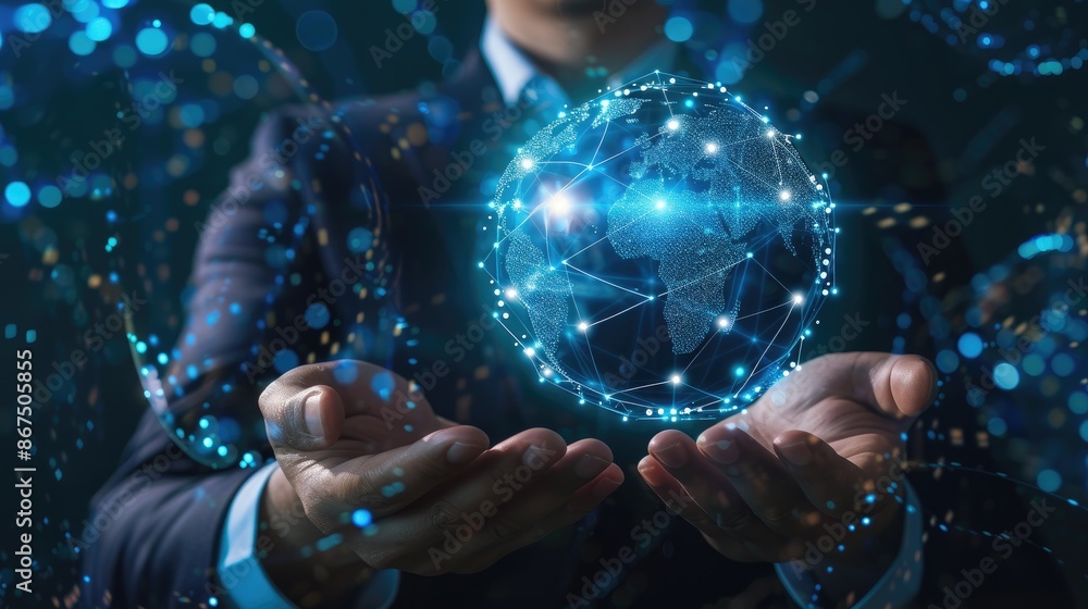Poster concept of global network and data exchanges: businessman holding a digital globe, illustrating inte