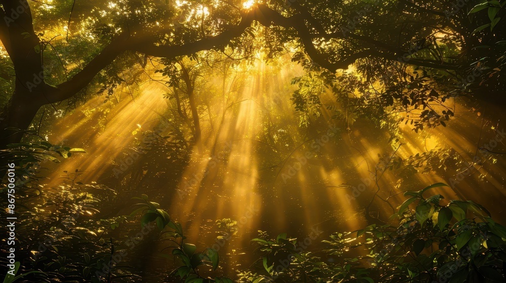 Poster sundrenched forest with majestic trees and golden rays of light filtering through the lush canopy na