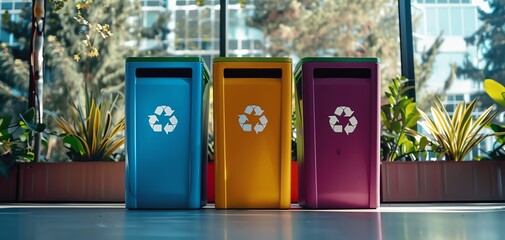 Colorful recycling bins for waste segregation in an urban office setting, promoting sustainability and green practices.