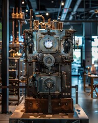 Fototapeta premium Vintage industrial machinery on display in a modern setting, highlighting historical mechanical engineering and design.