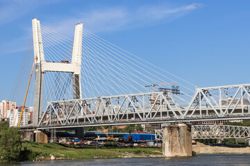 Novosibirsk, Novosibirsk region, Russian Federation - June 01 2024. Central, Cable-stayed and railway bridges