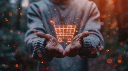 Concept of online shopping: Hand of a man holding a shopping cart icon, illustrating the convenience of connecting merchants and customers worldwide, with home delivery options