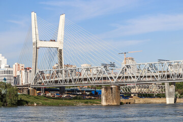 Obraz premium Novosibirsk, Novosibirsk region, Russian Federation - June 01 2024. Central, Cable-stayed and railway bridges